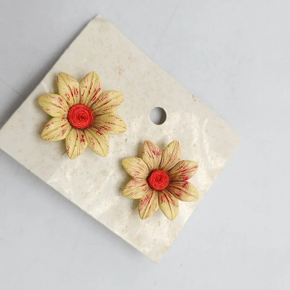 Vintage 1980s Hand-Painted Yellow Orange Flower Clip-On Earrings - Picture 2 of 5